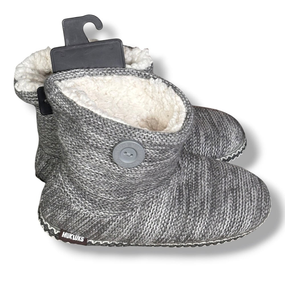 Muk Luks Gray Knit Sherpa Lined Slipper Boots Cozy Cabin Shoes Size 9 10 New